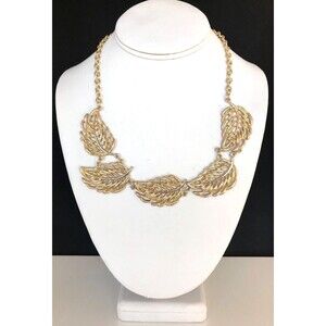 New Gold Tone Statement Necklace Textured Leaf Design - 6P
